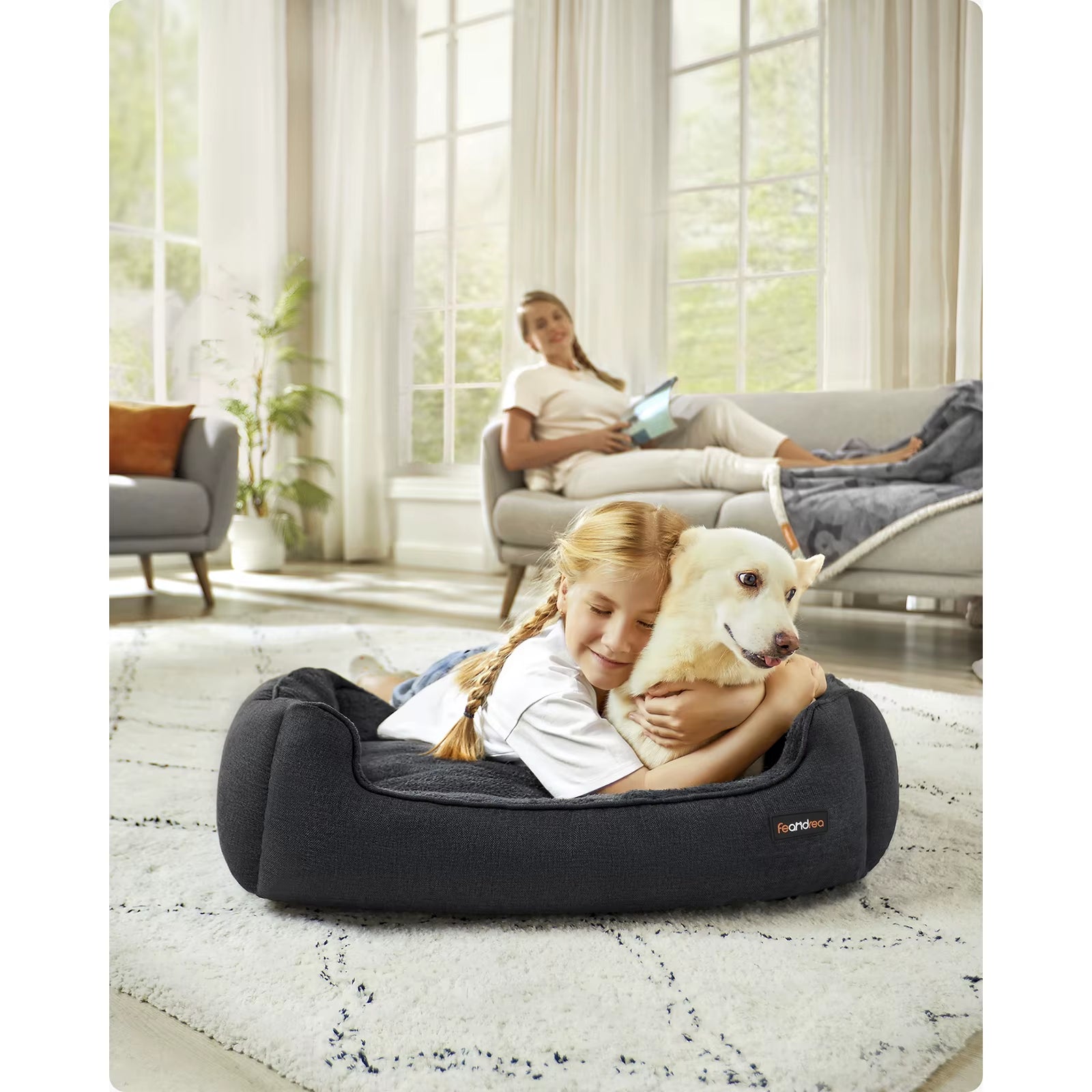 Linen-Style Dog Bed Sofa with Raised Edges, Non-Slip Base, Removable and Washable Cover, 90 x 75 x 25 cm