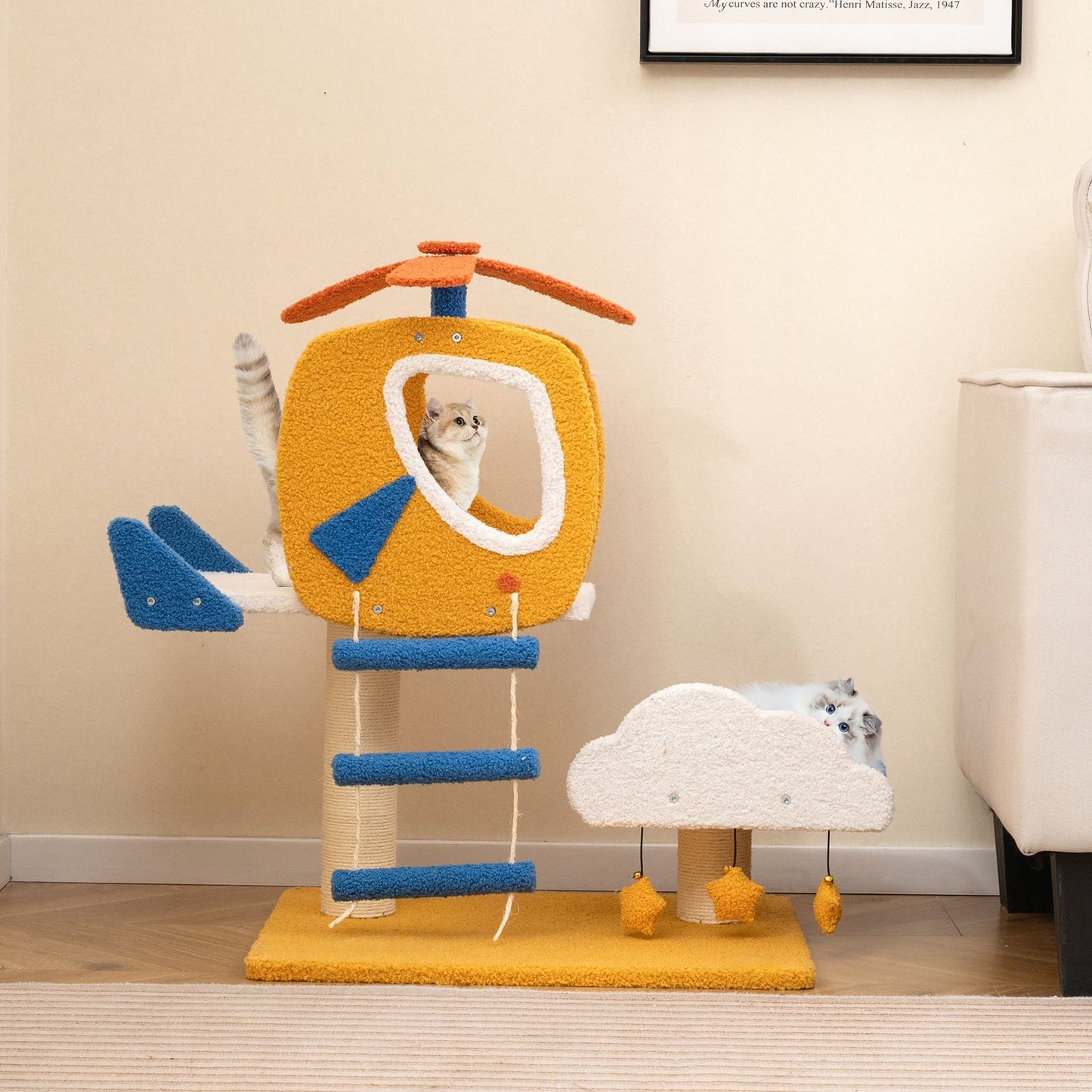 Aviation-Themed Cat Tree for Indoor Cats with Helicopter Top Perch
