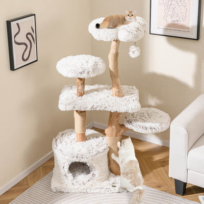 135Cm Cat Tree Tower with Wood Branches and Plush Condo