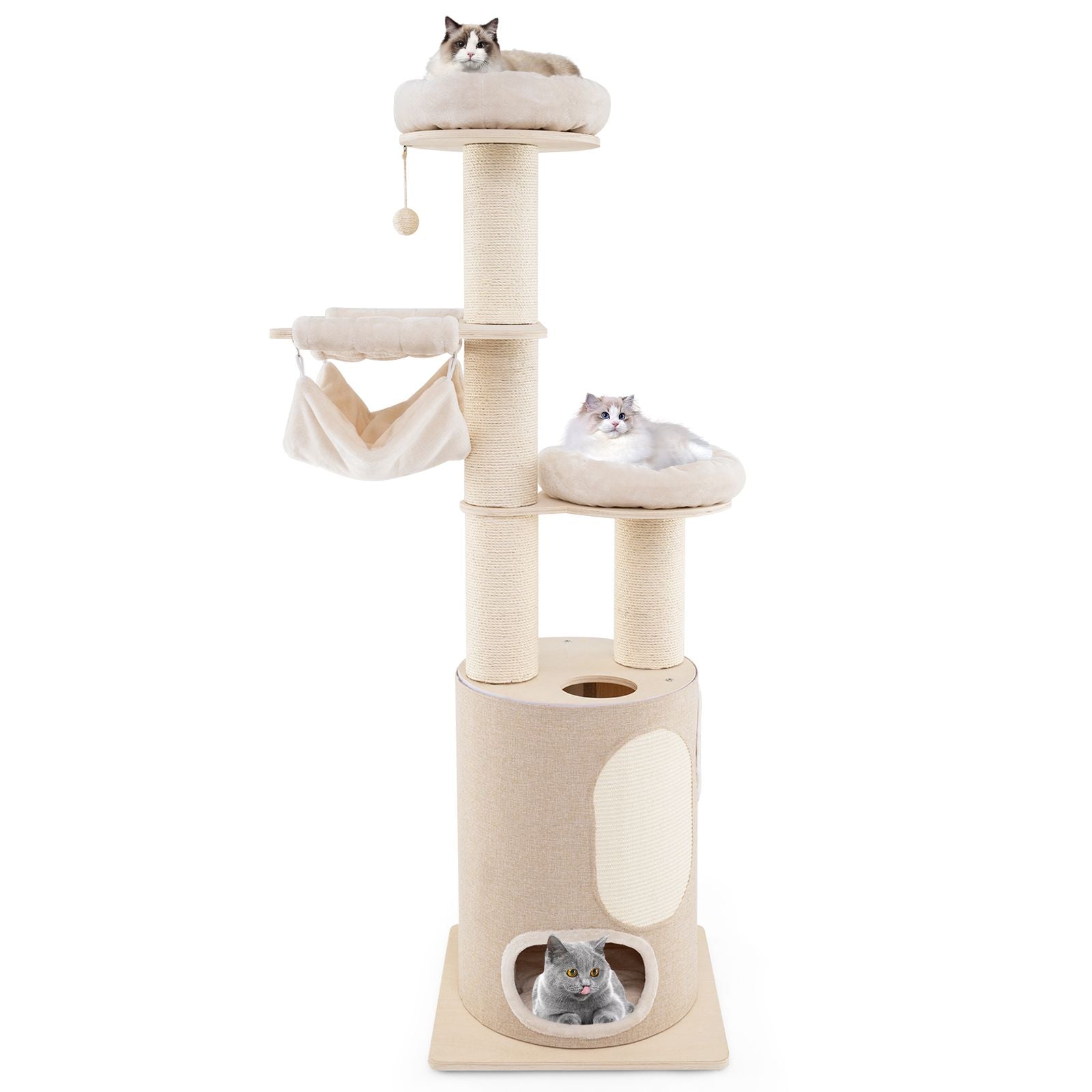 187 Cm Tall Wooden Cat Tower Tree with 2-Story Cat Condo