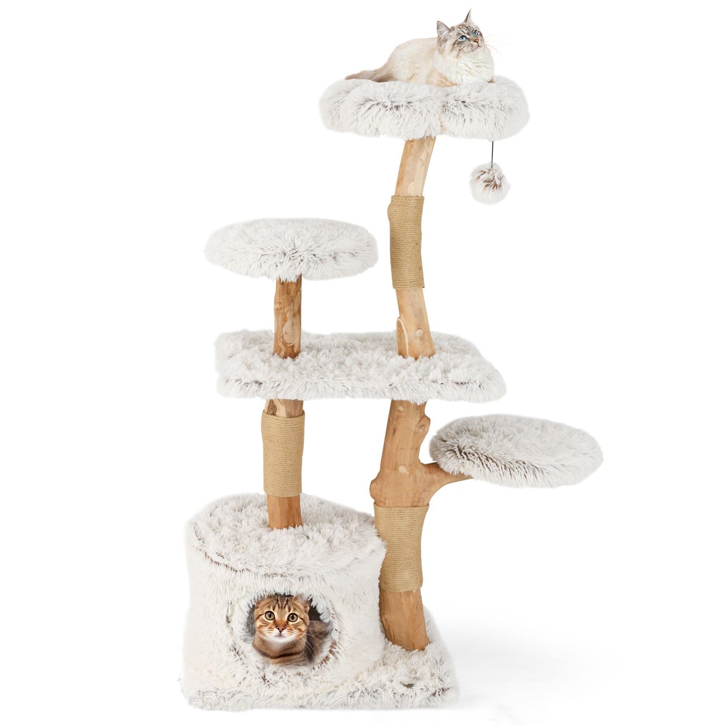 135Cm Cat Tree Tower with Wood Branches and Plush Condo