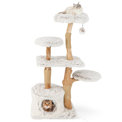 135Cm Cat Tree Tower with Wood Branches and Plush Condo