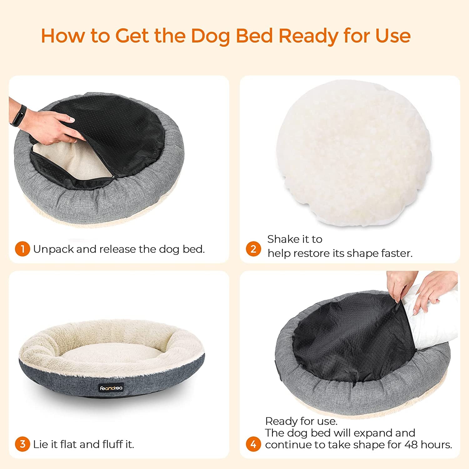 FEANDREA Donut-Shaped Dog and Cat Bed, Round 55 cm Diameter, Grey