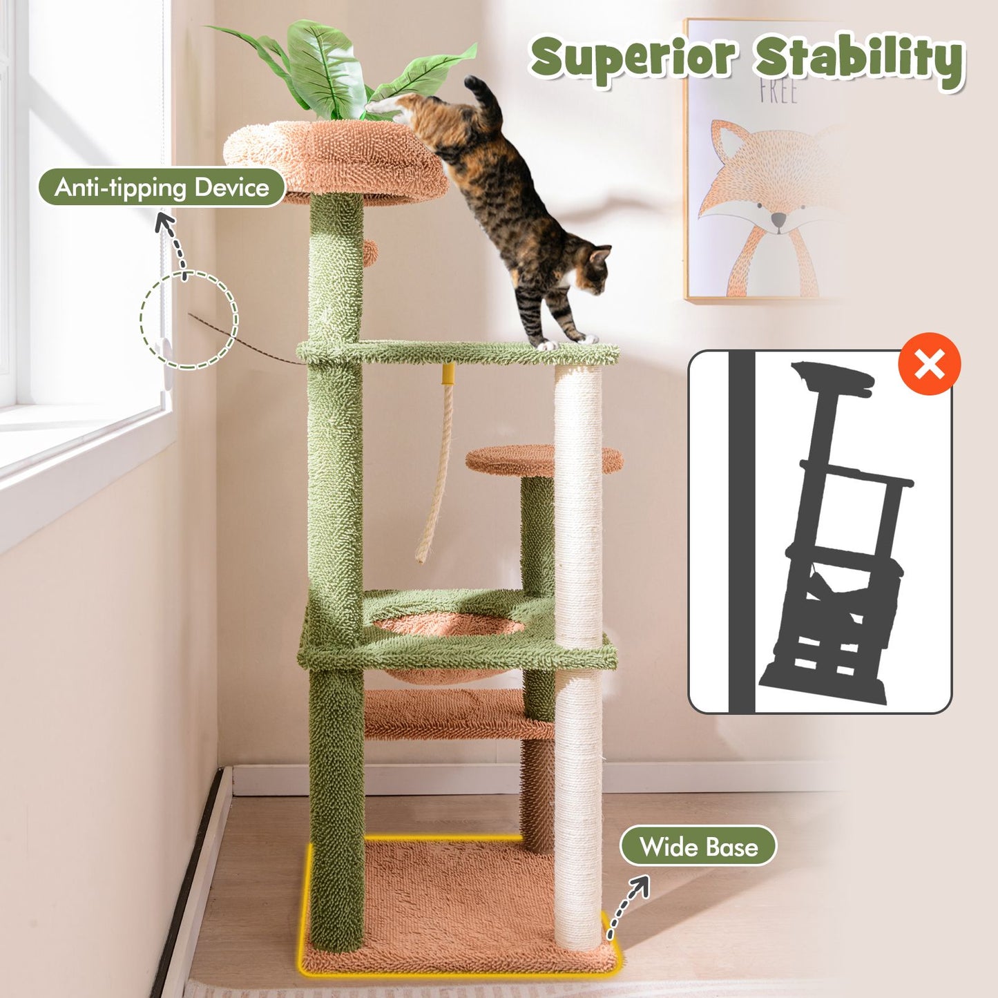 152Cm Cute Cat Tree with Sisal Scratching Posts and Rope, Plush Perch
