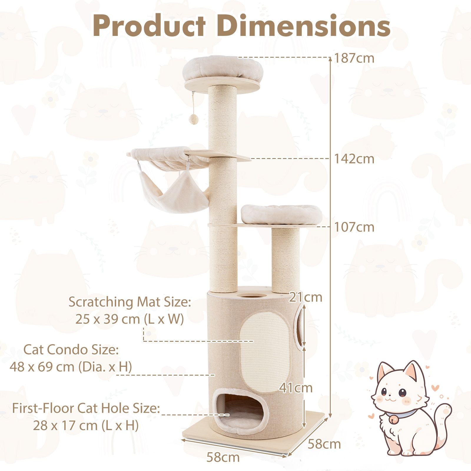 187 Cm Tall Wooden Cat Tower Tree with 2-Story Cat Condo