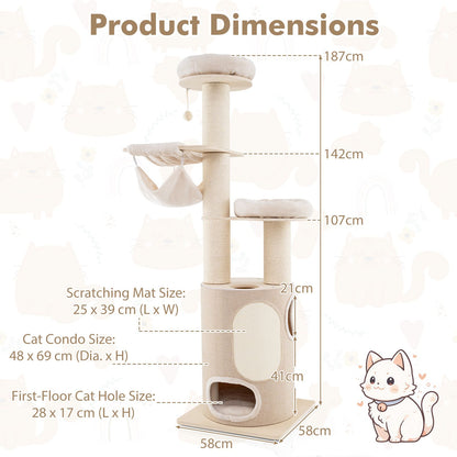 187 Cm Tall Wooden Cat Tower Tree with 2-Story Cat Condo
