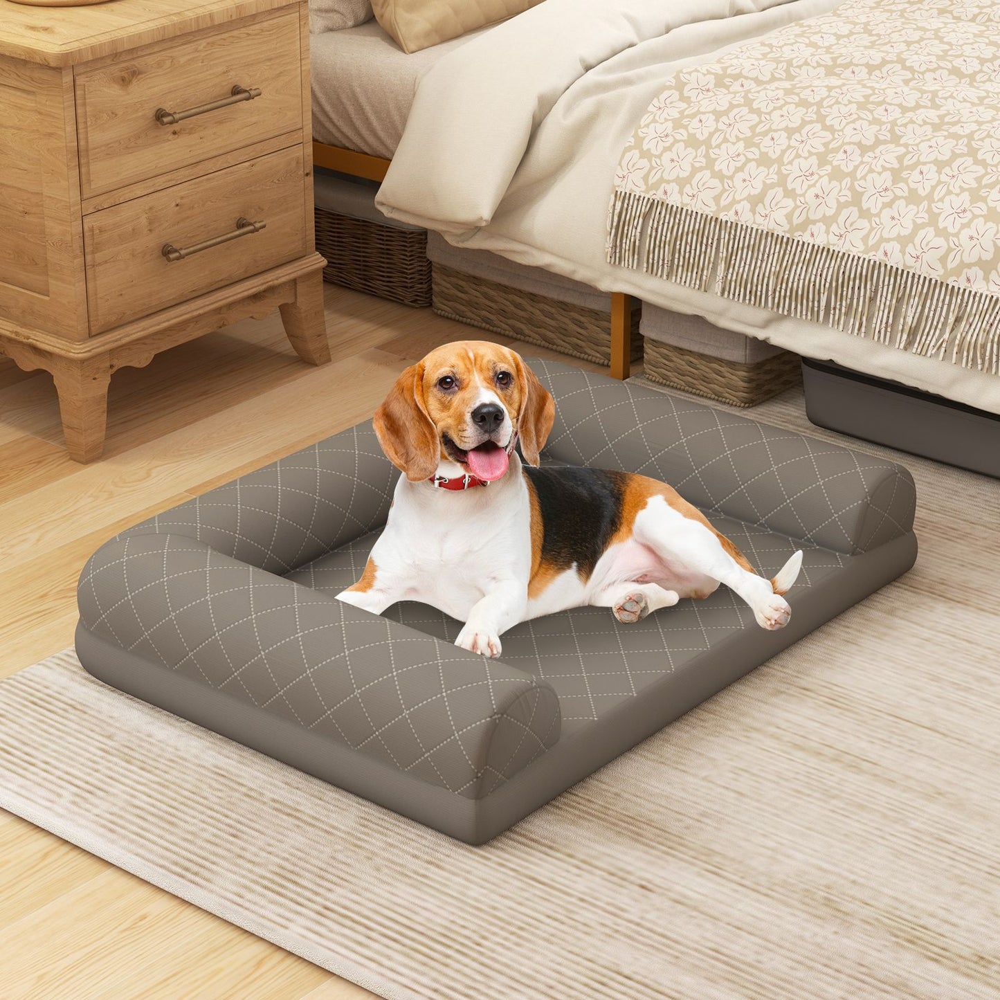 Orthopedic Egg-Foam Dog Crate Bed with Three-Sided Bolster