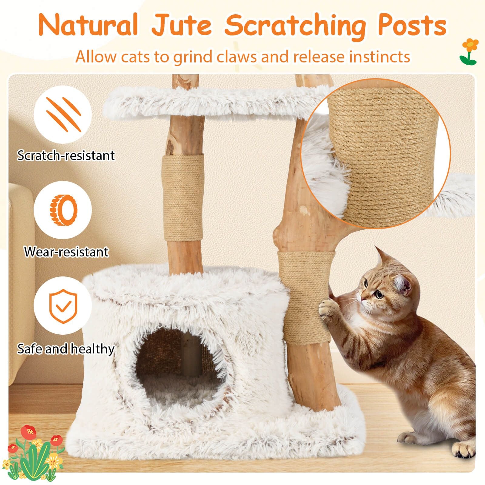 135Cm Cat Tree Tower with Wood Branches and Plush Condo