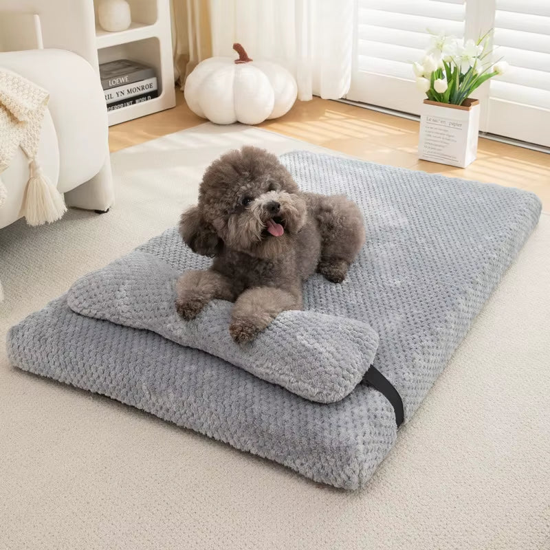 Warm Calming Dog Bed with Pillow Fluffy Plush Dog Mat for Dog with Removable Winter Cover for Large Medium Small Dogs and Cats