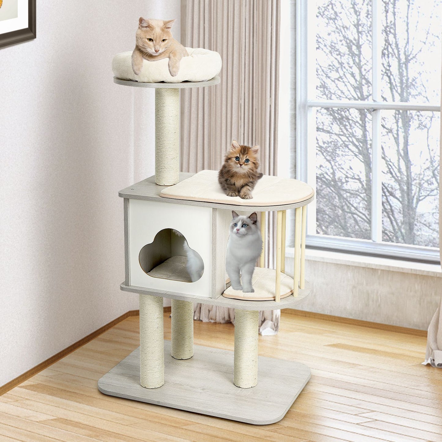 Modern Wooden Cat Tower with Platform