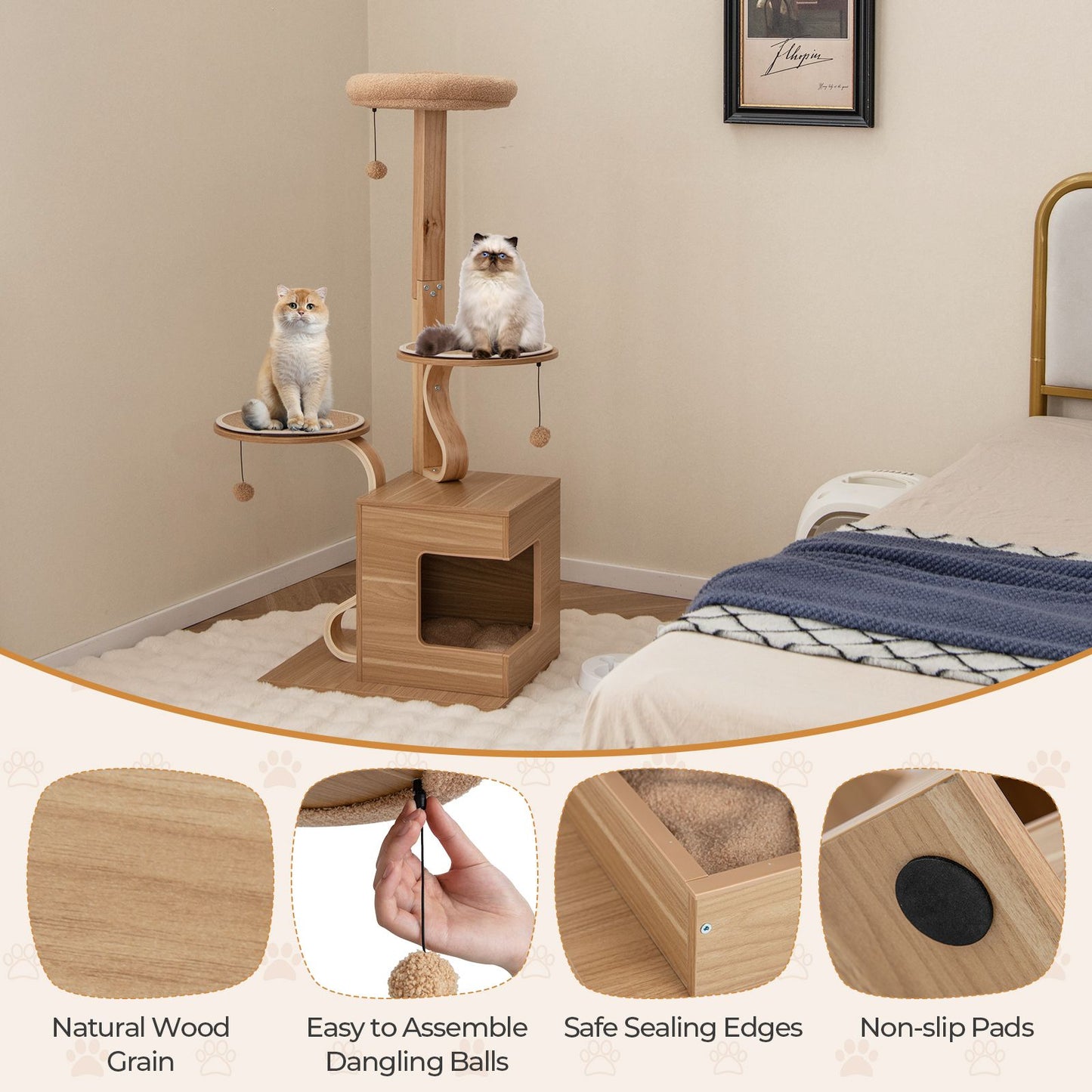 51 Inches Wooden Cat Tree with Solid Wood Post and Curved Plywood Frame