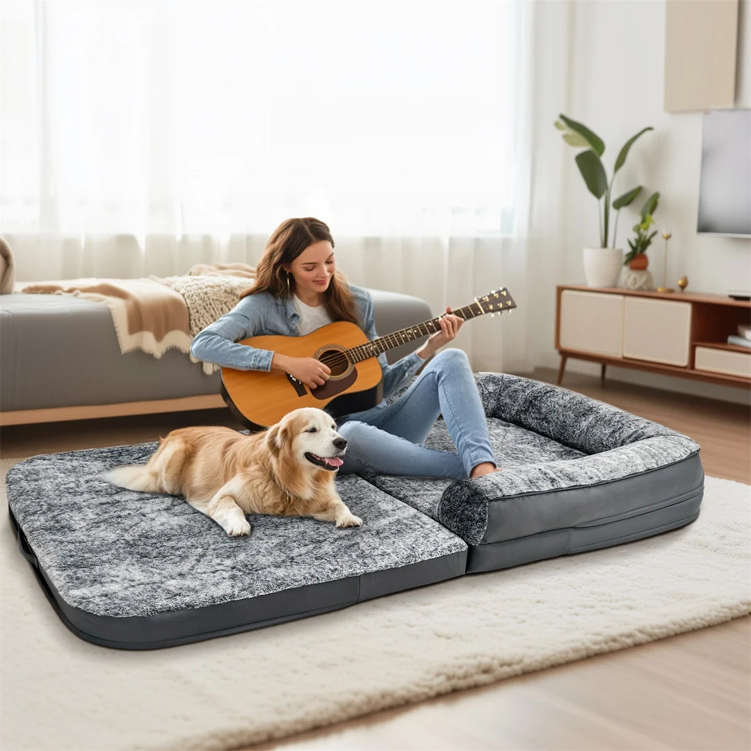 180cm Long Human-Sized Foldable Orthopedic Dog Bed with Plush Cover for Calming Comfort
