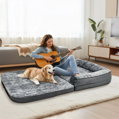 180cm Long Human-Sized Foldable Orthopedic Dog Bed with Plush Cover for Calming Comfort