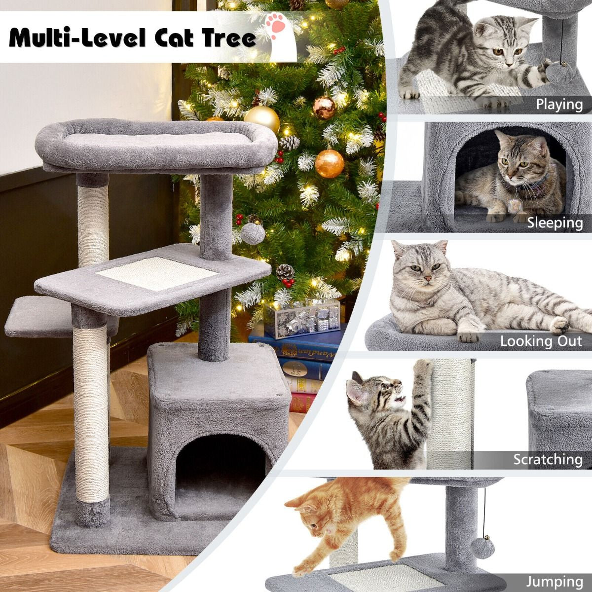 4-Layer Cat Tree with Scratching Posts Cat Condo Dangling Ball