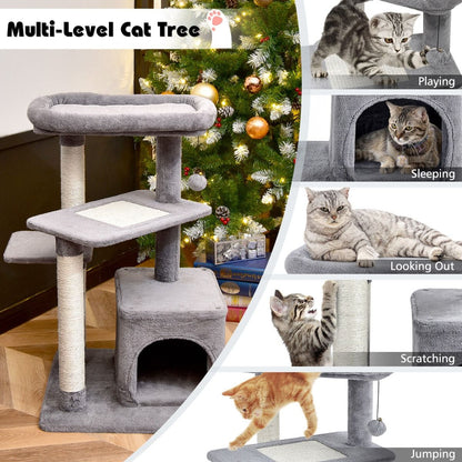4-Layer Cat Tree with Scratching Posts Cat Condo Dangling Ball