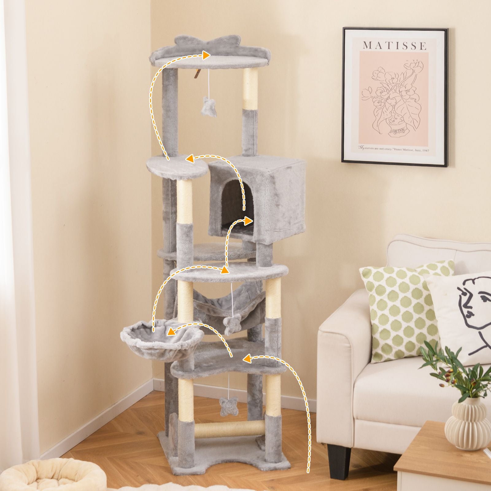 176 Cm Multi-Level Cat Tree with Hammock Jumping Platforms and Hanging Toys