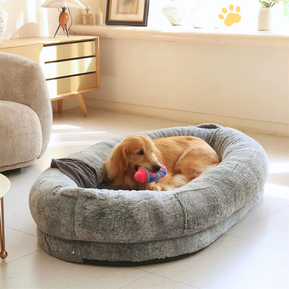 Luxury Large Human Sized Dog Bed Giant Soft Fur Beanbag Calming Mattress Thermal Pet Dog Napping Bed with Cozy Blanket Washable