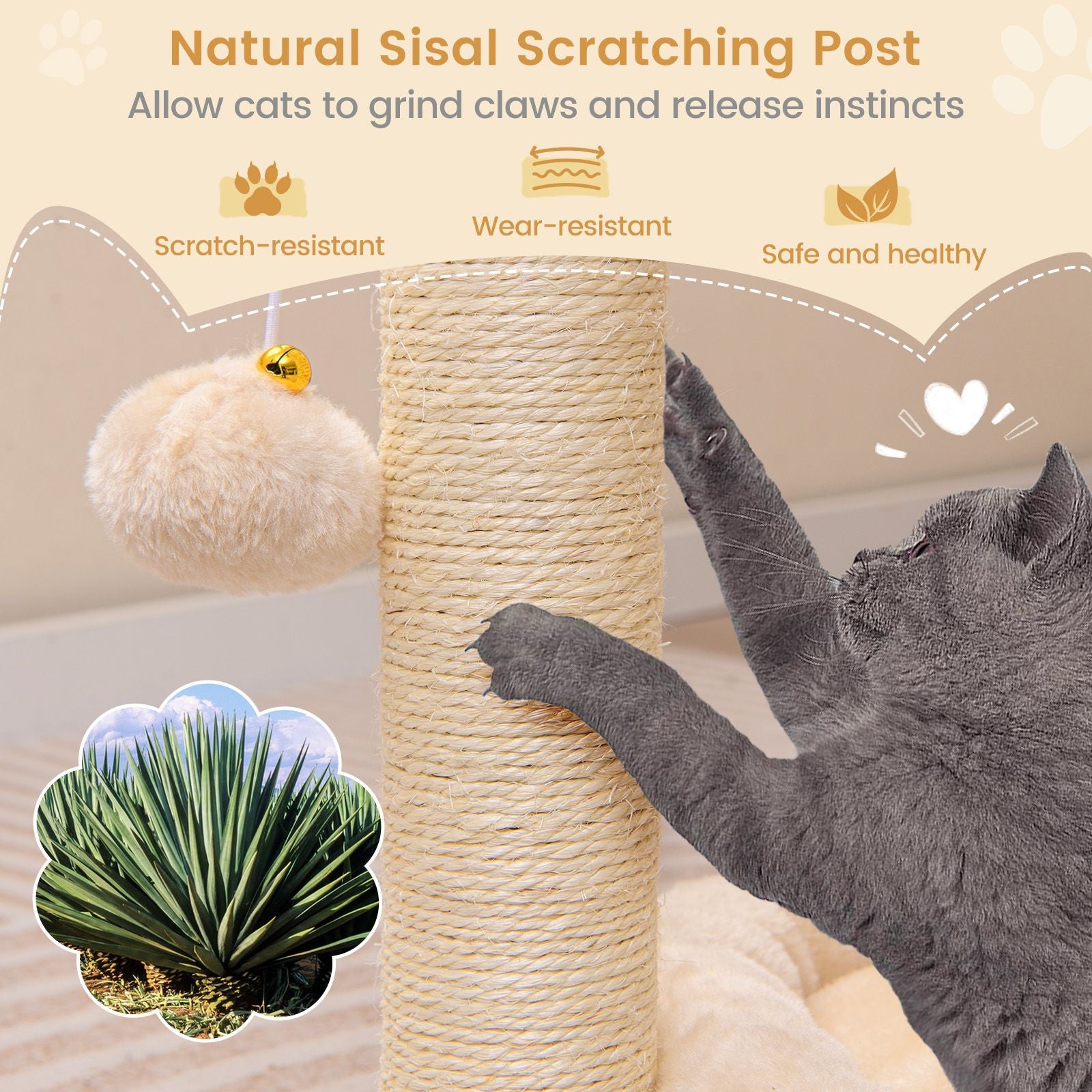 4 in 1 Cat Tree with Cat Self Groomer and Sisal Covered Scratching Post