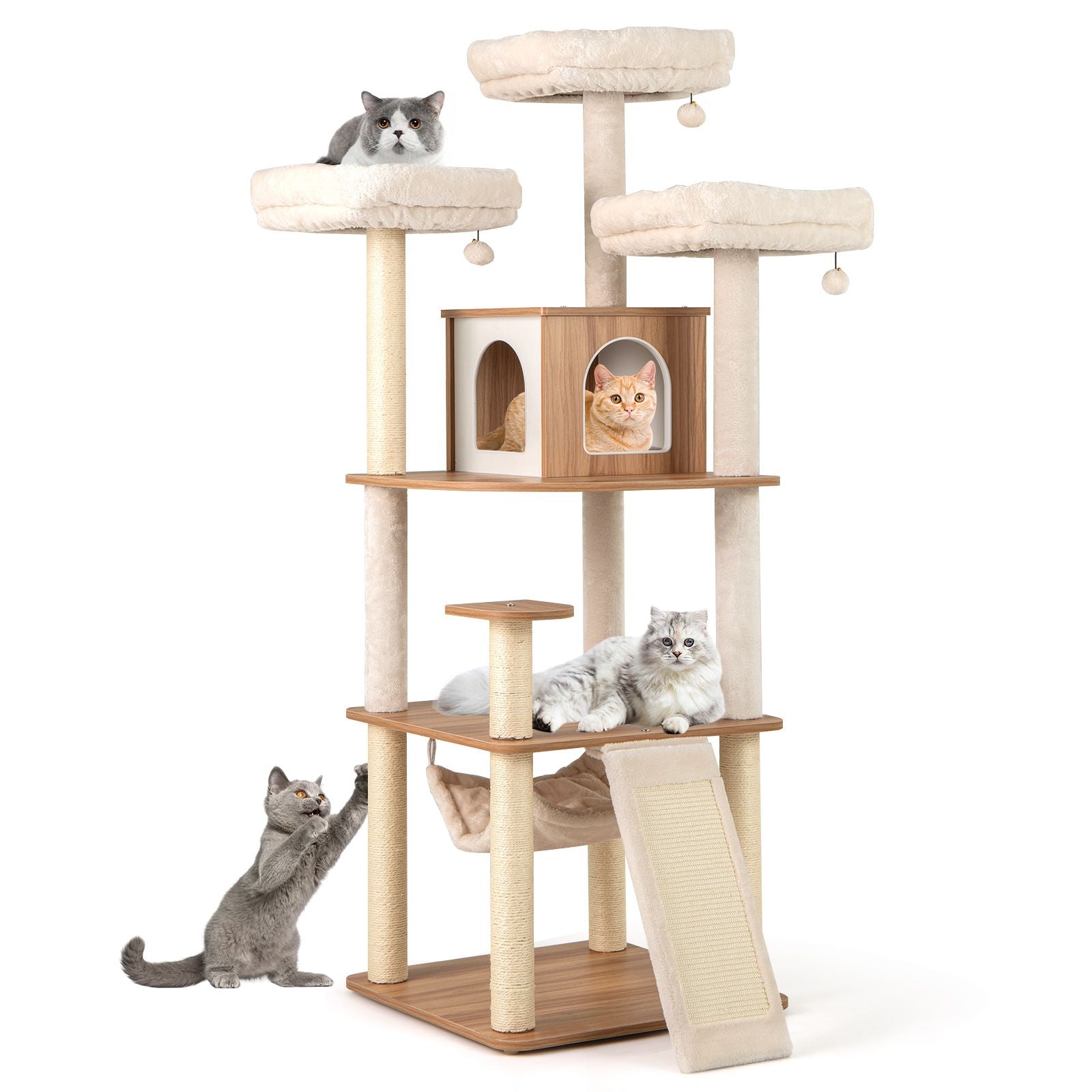 168CM Tall Cat Tree Wood Cat Tower with 3 Padded Perches