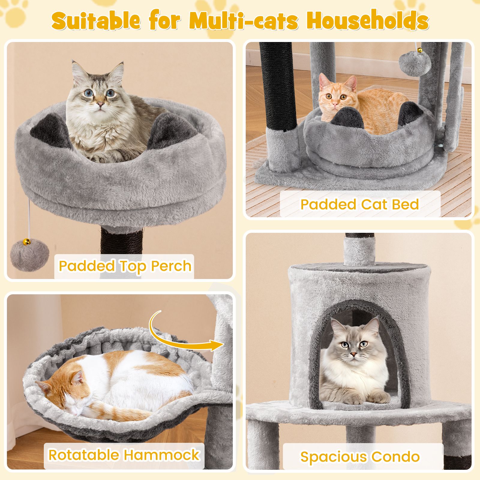 Multi-Level Large Cat Tree with Sisal Scratching Posts and Board Condo