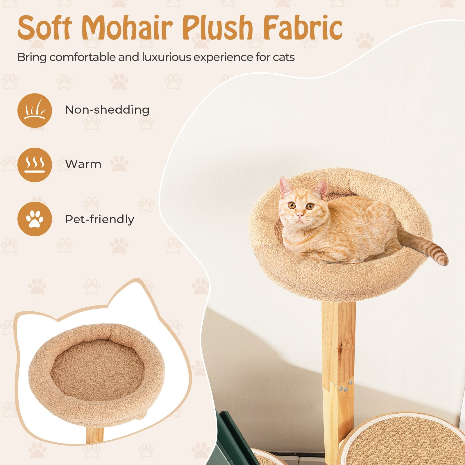 51 Inches Wooden Cat Tree with Solid Wood Post and Curved Plywood Frame