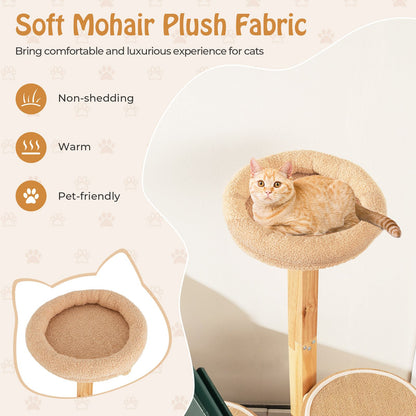 51 Inches Wooden Cat Tree with Solid Wood Post and Curved Plywood Frame