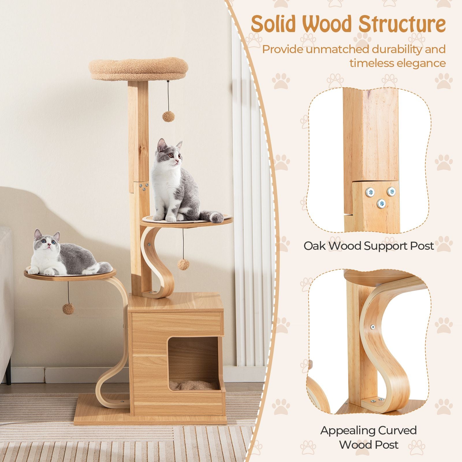 51 Inches Wooden Cat Tree with Solid Wood Post and Curved Plywood Frame