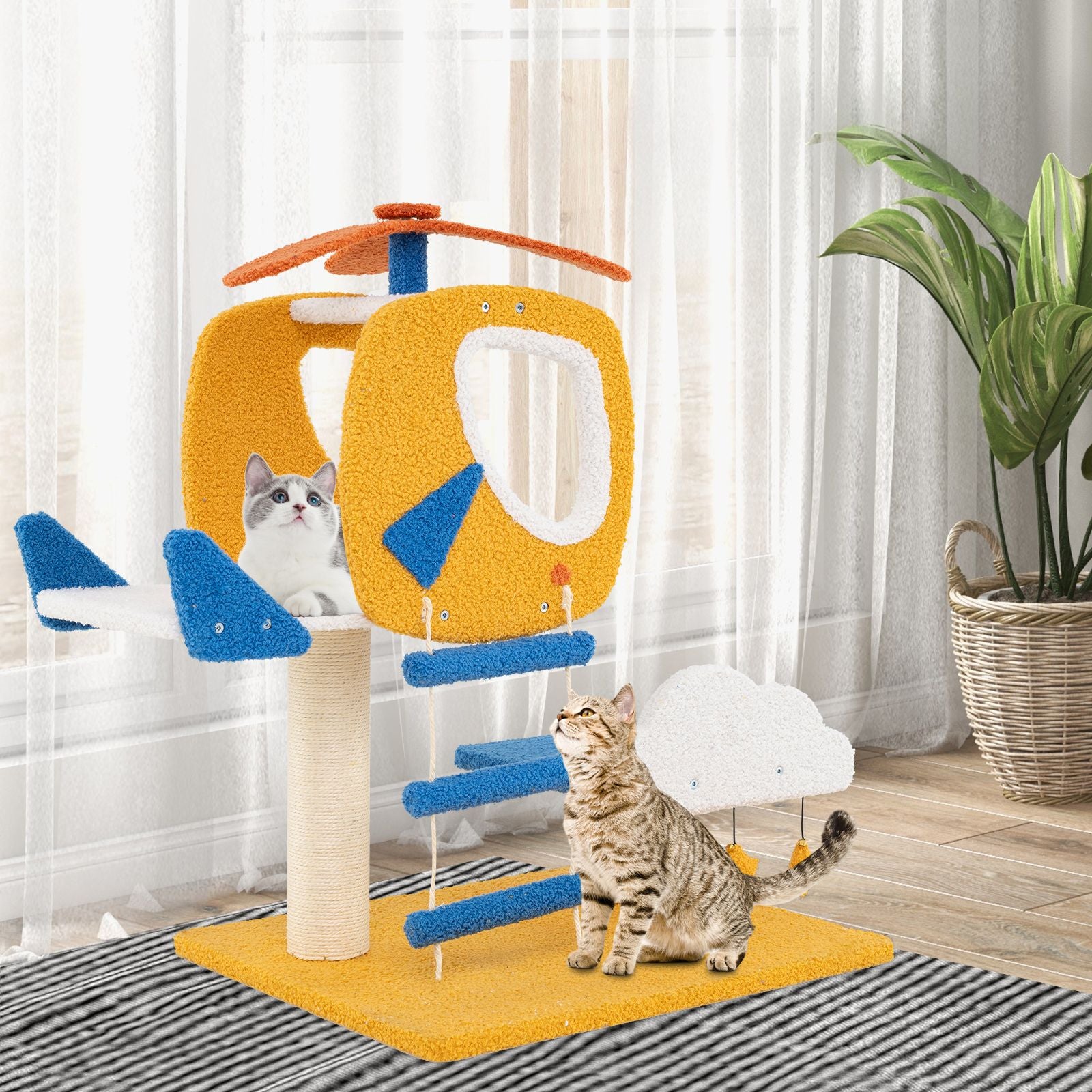 Aviation-Themed Cat Tree for Indoor Cats with Helicopter Top Perch