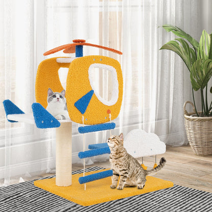 Aviation-Themed Cat Tree for Indoor Cats with Helicopter Top Perch