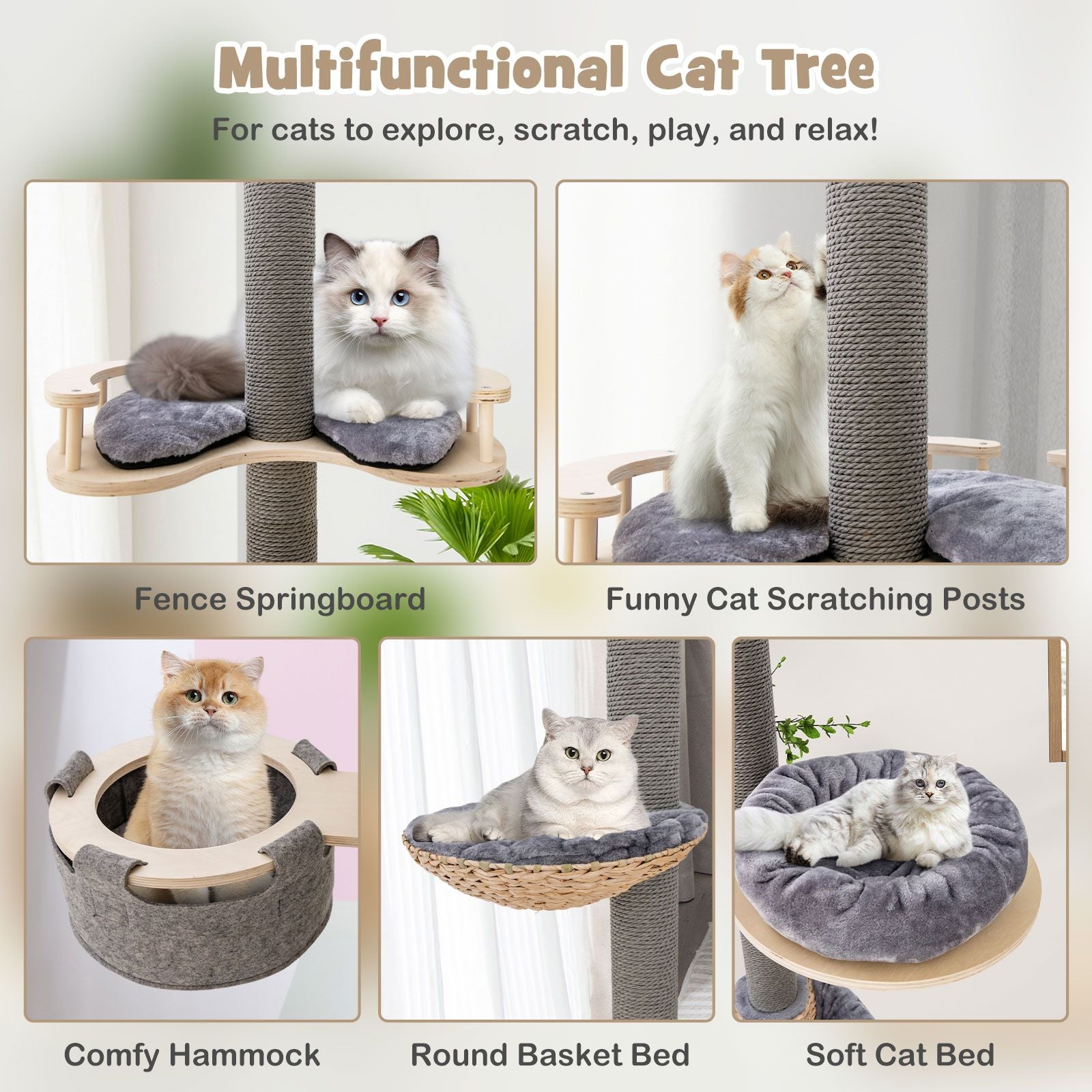 5-Tier Wooden Cat Tower Floor to Ceiling Cat Tree with Adjustable Height