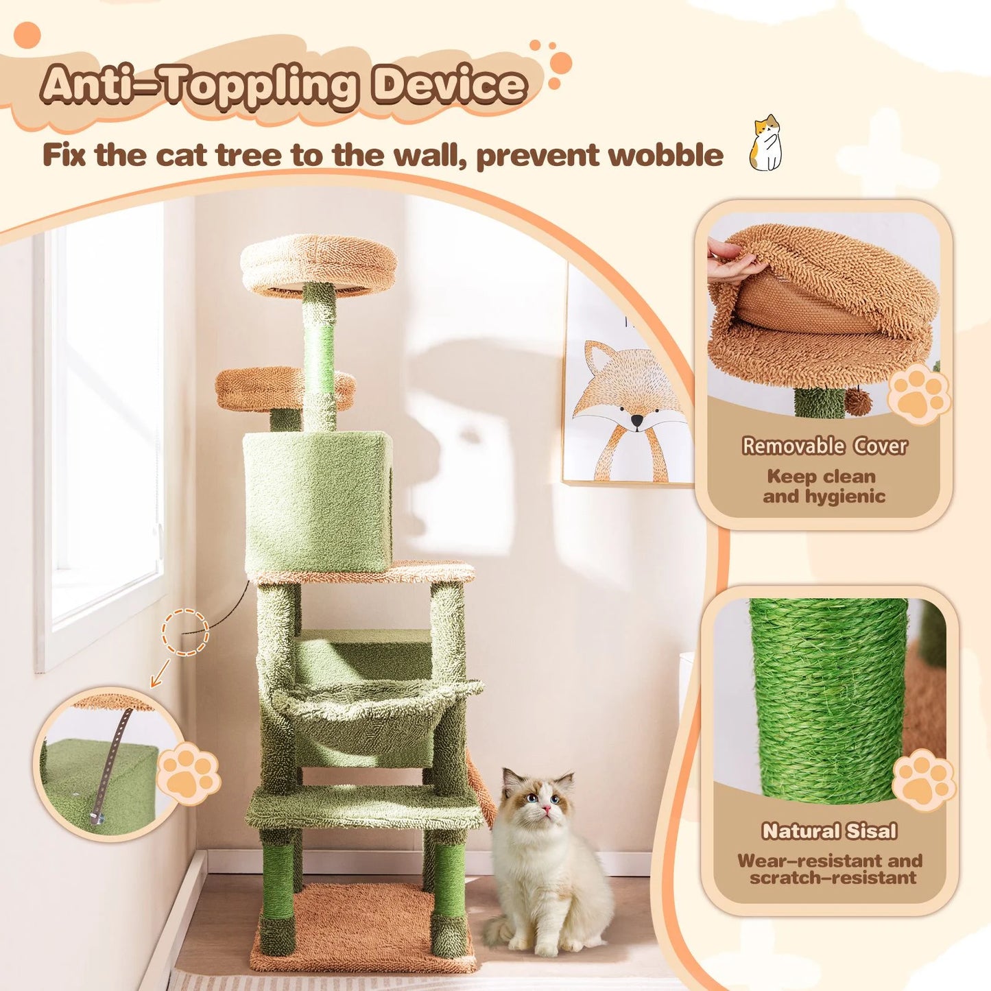 160 Cm Multi-Level Cactus Cat Tree for Indoor Cats with Scratching Posts