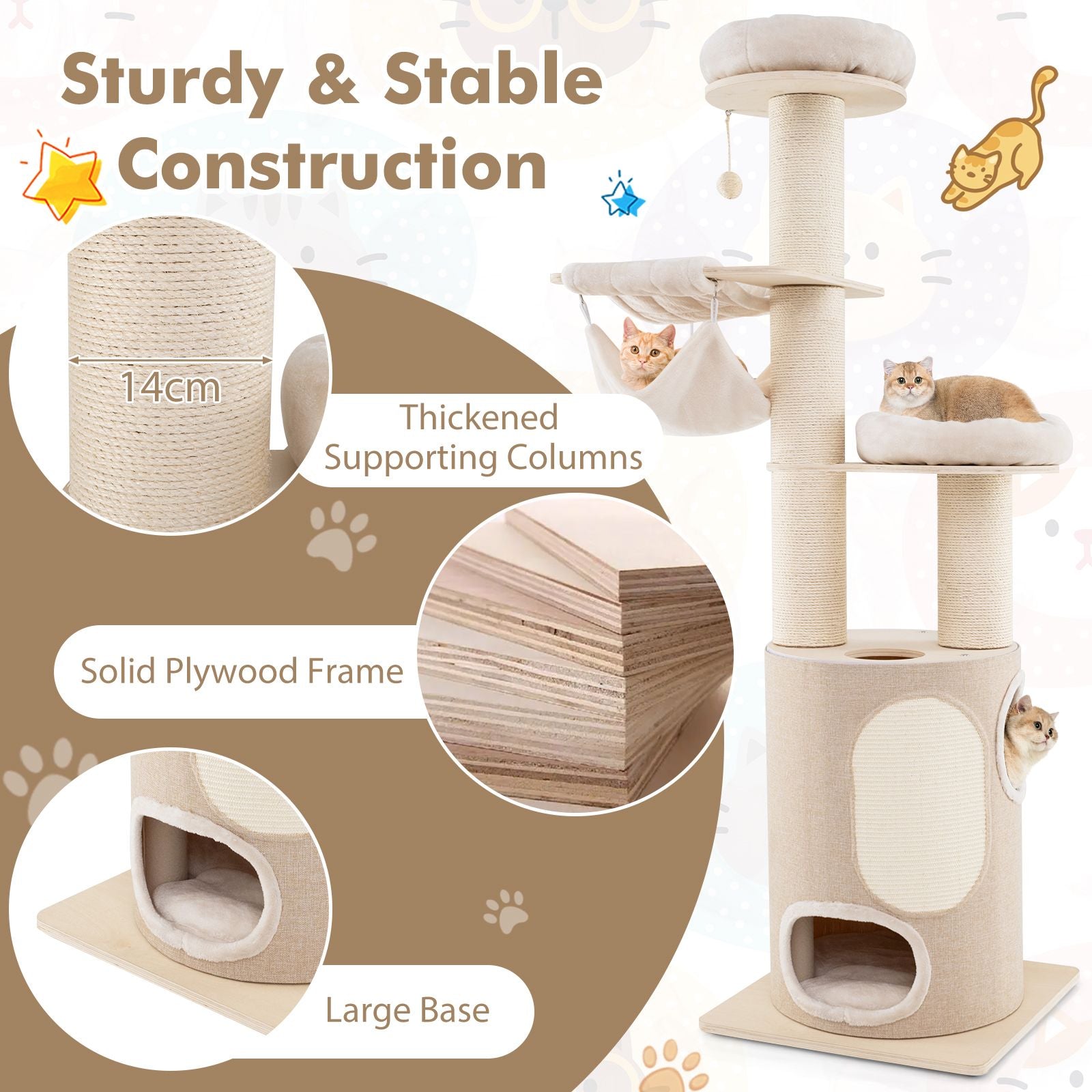 187 Cm Tall Wooden Cat Tower Tree with 2-Story Cat Condo