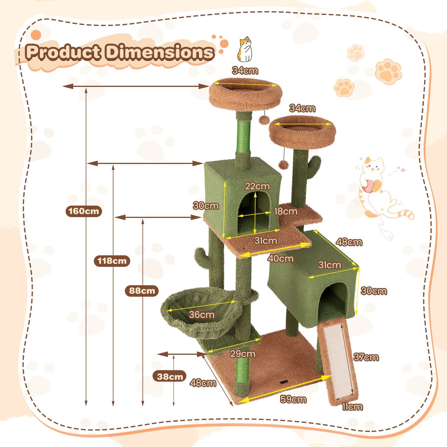 160 Cm Multi-Level Cactus Cat Tree for Indoor Cats with Scratching Posts