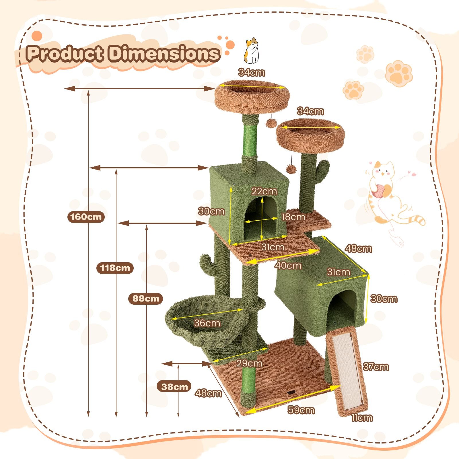 160 Cm Multi-Level Cactus Cat Tree for Indoor Cats with Scratching Posts