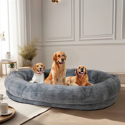 Luxury Large Human Sized Dog Bed Giant Soft Fur Beanbag Calming Mattress Thermal Pet Dog Napping Bed with Cozy Blanket Washable