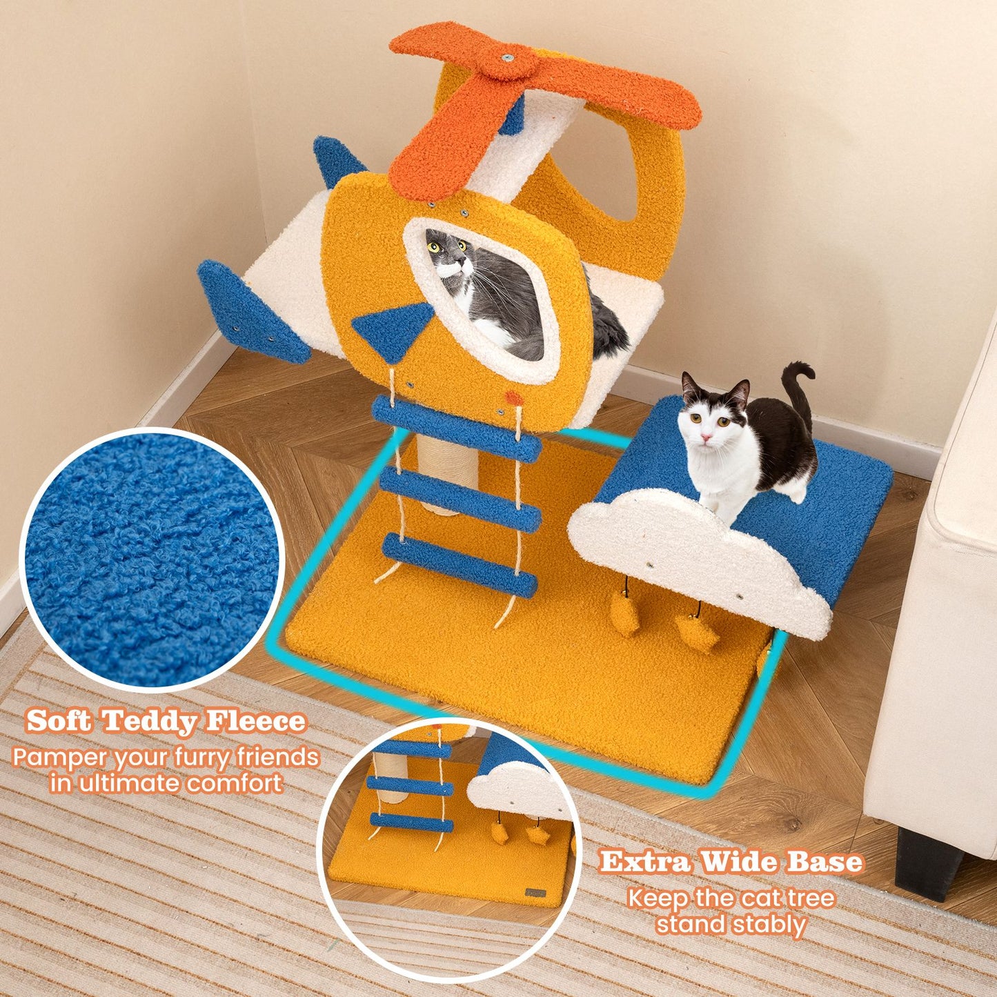 Aviation-Themed Cat Tree for Indoor Cats with Helicopter Top Perch