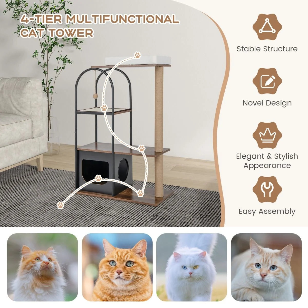 118 Cm Tall Cat Tree Tower with Metal Frame