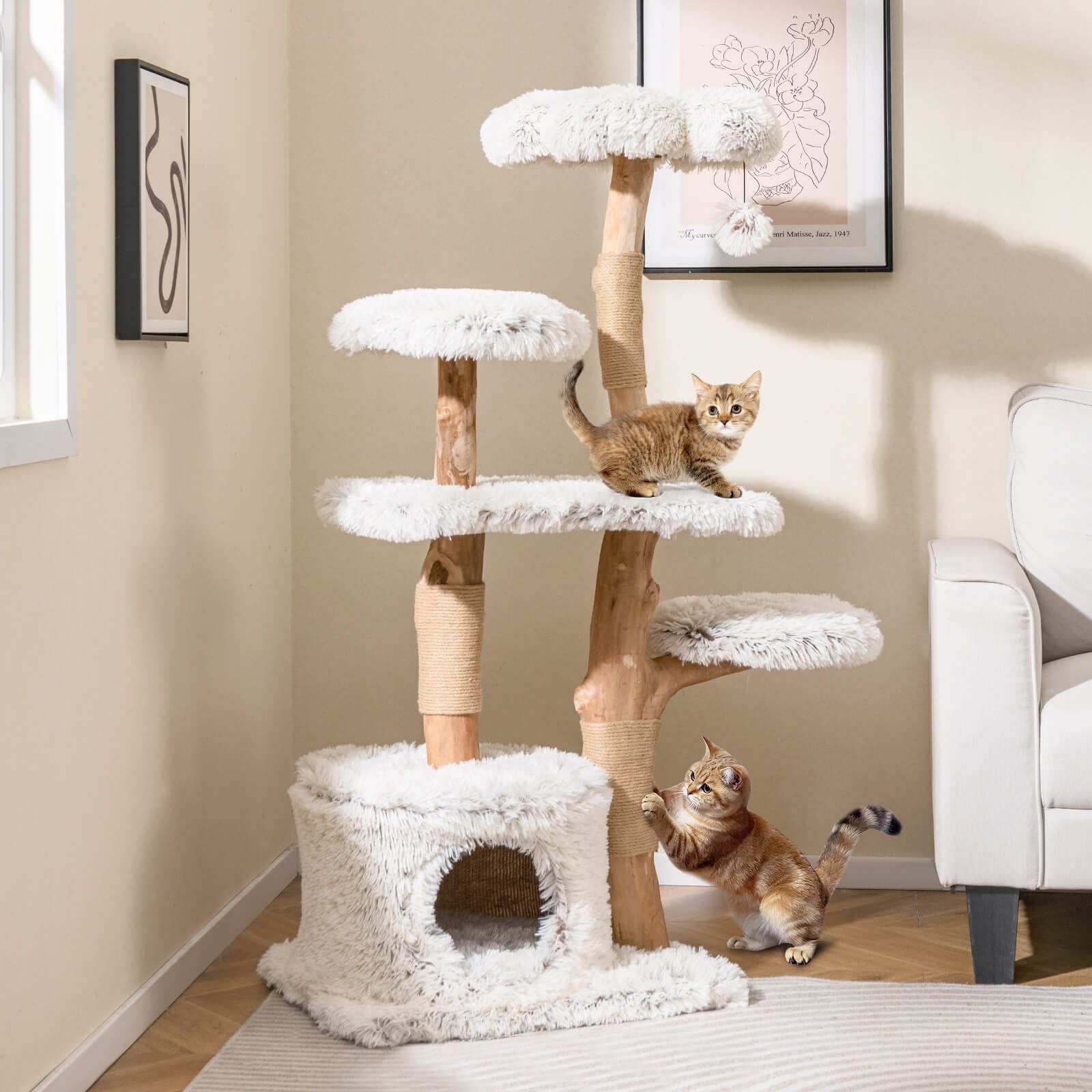 135Cm Cat Tree Tower with Wood Branches and Plush Condo