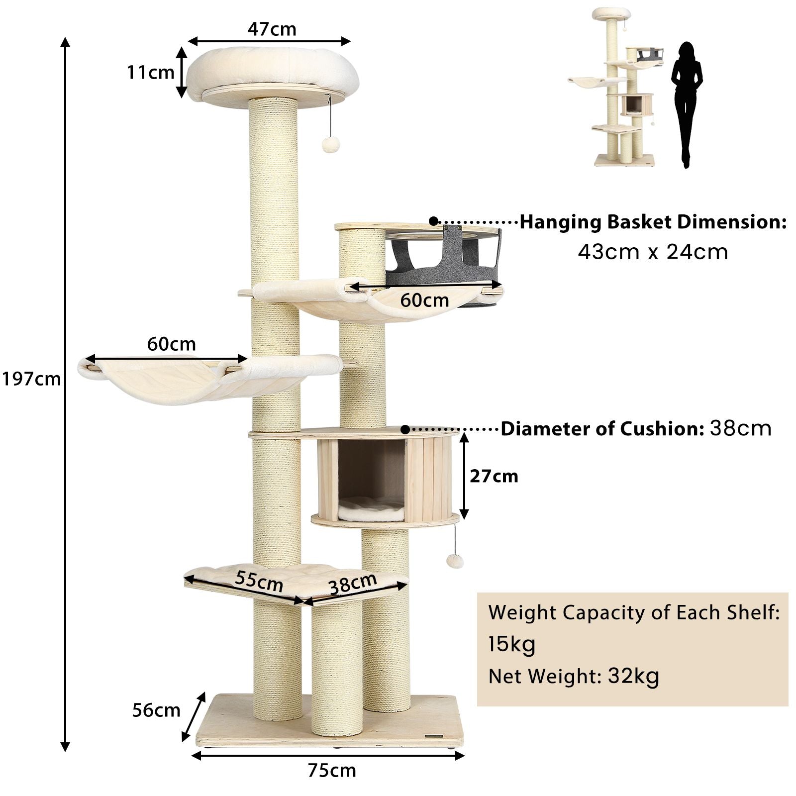Multi-Level Cat Tower - 197 cm Cat Tree for Play and Rest