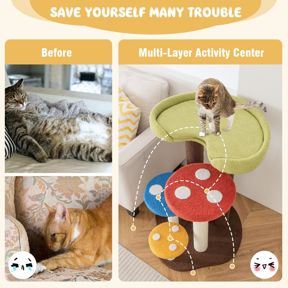 3-In-1 Cat Tree with 3 Full-Wrapped Sisal Posts and Removable Mat & Platforms