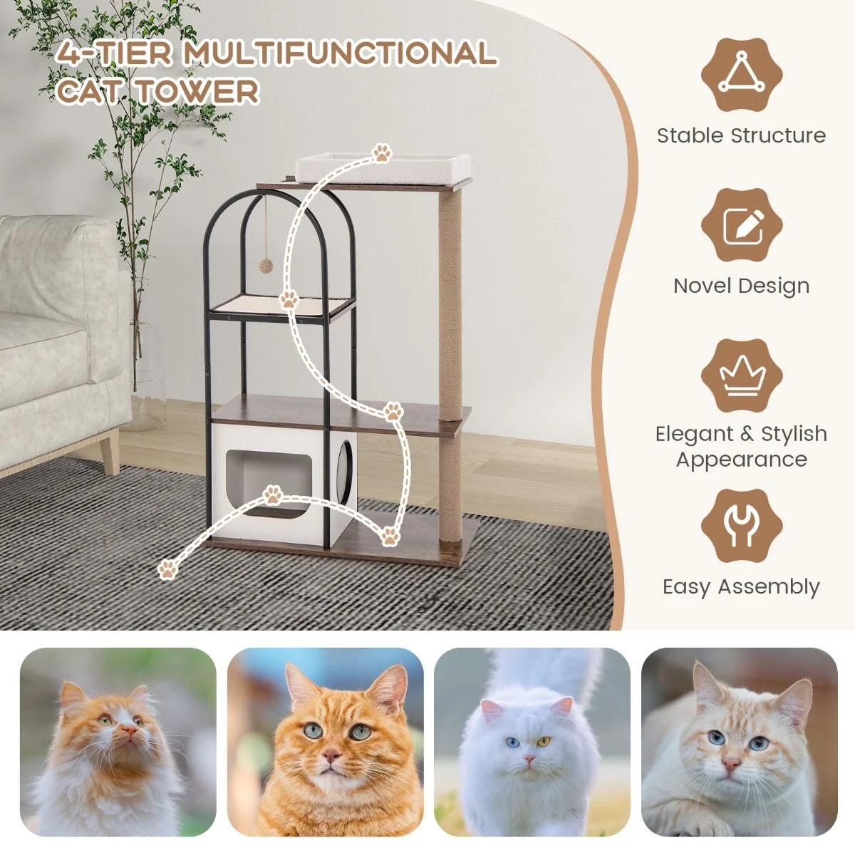 118 Cm Tall Cat Tree Tower with Metal Frame