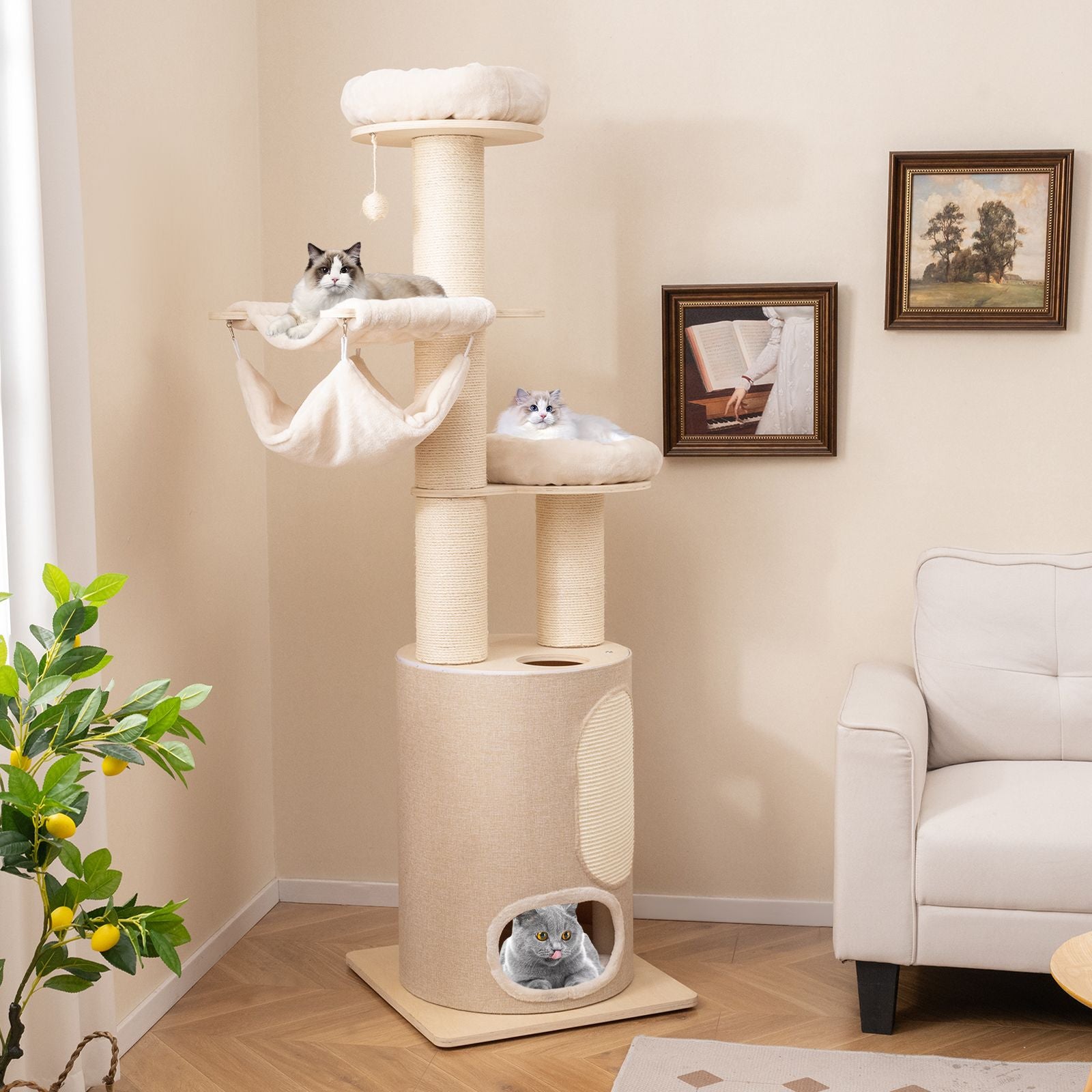 187 Cm Tall Wooden Cat Tower Tree with 2-Story Cat Condo
