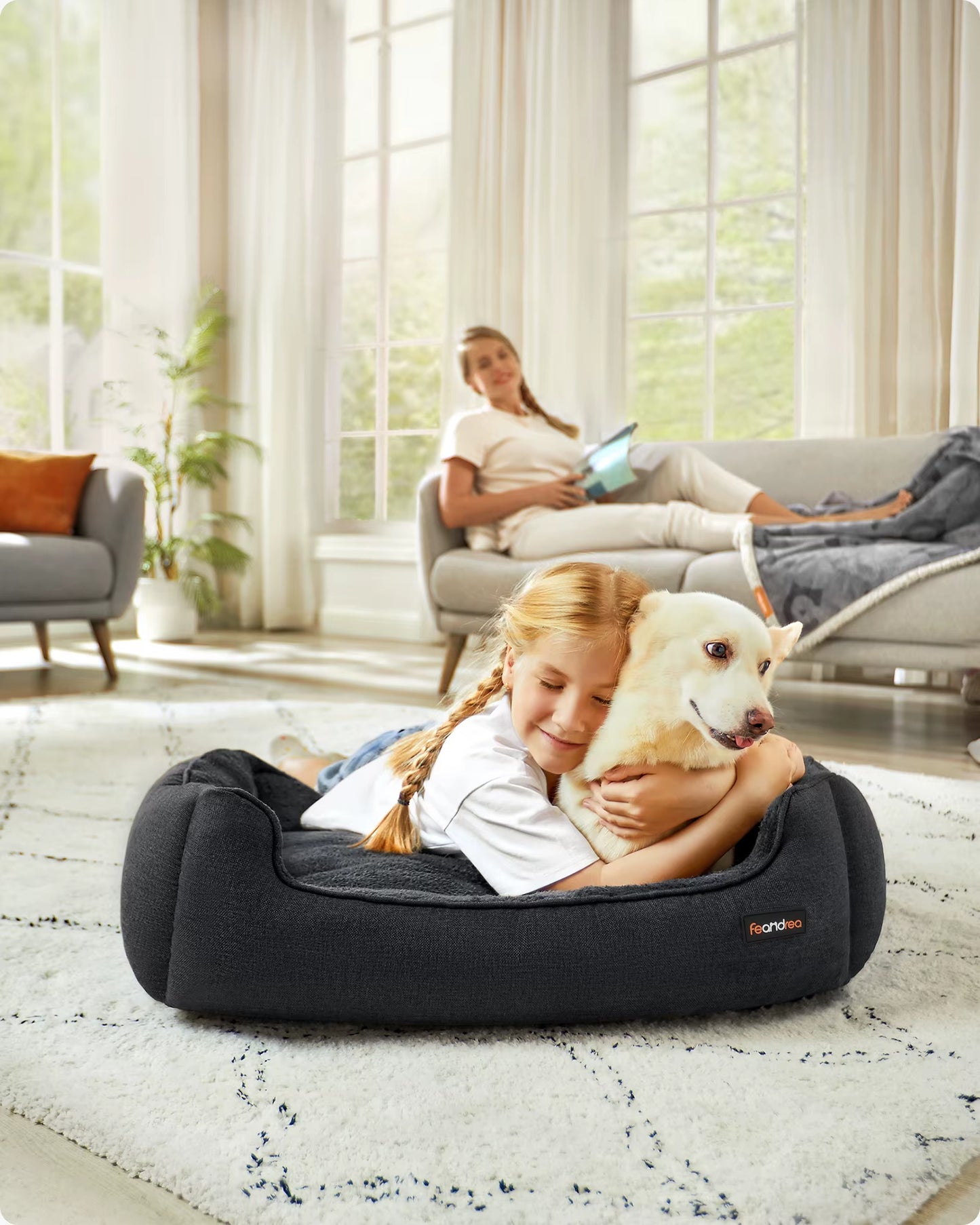 Linen-Style Dog Bed Sofa with Raised Edges, Non-Slip Base, Removable and Washable Cover, 90 x 75 x 25 cm