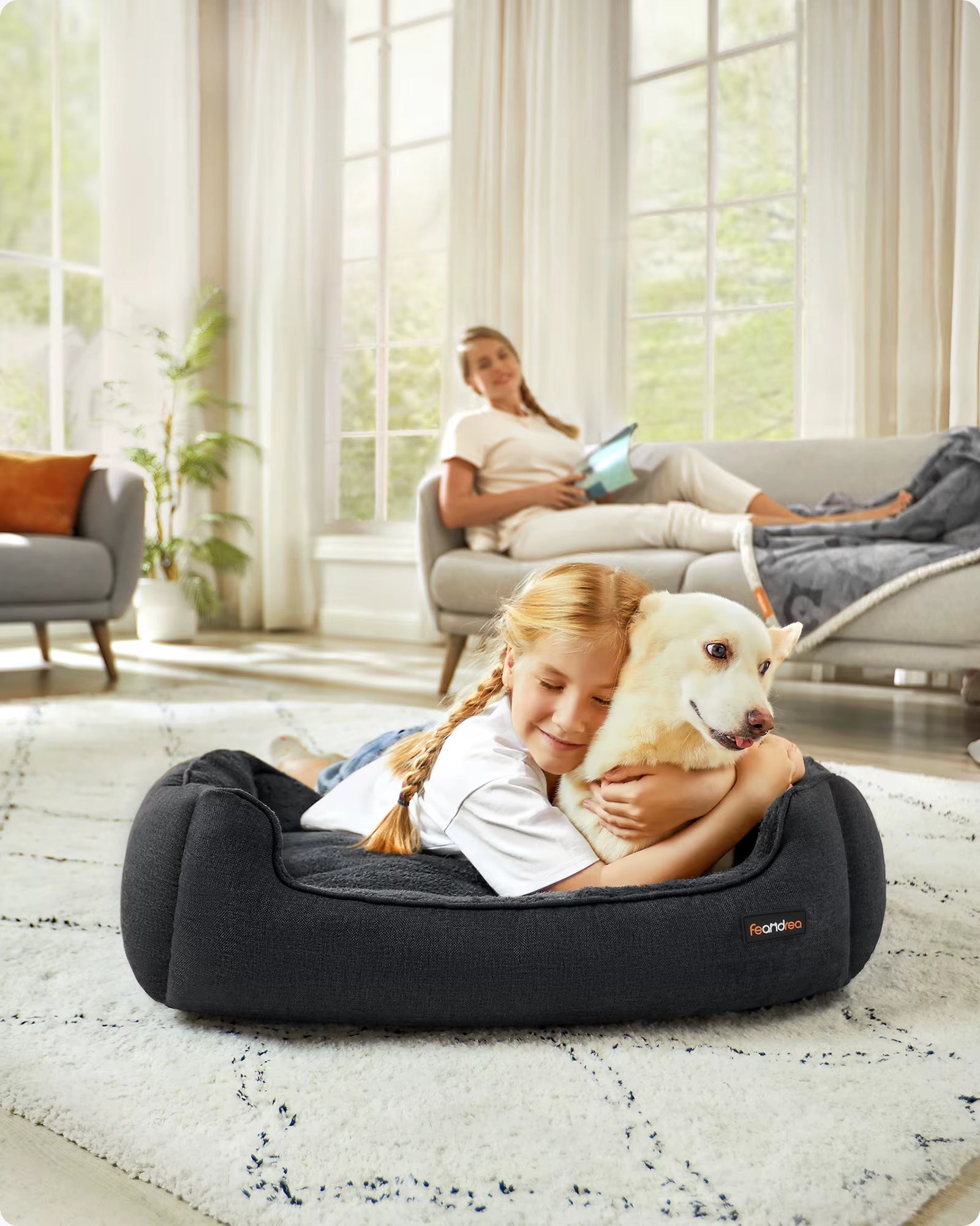 Linen-Style Dog Bed Sofa with Raised Edges, Non-Slip Base, Removable and Washable Cover, 90 x 75 x 25 cm