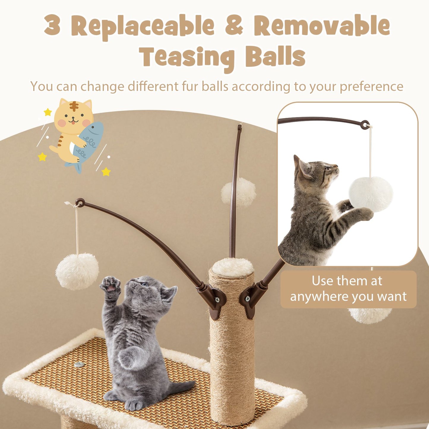 Contemporary Cat Tower Featuring Rattan Mat and Three Hanging Ball Toys