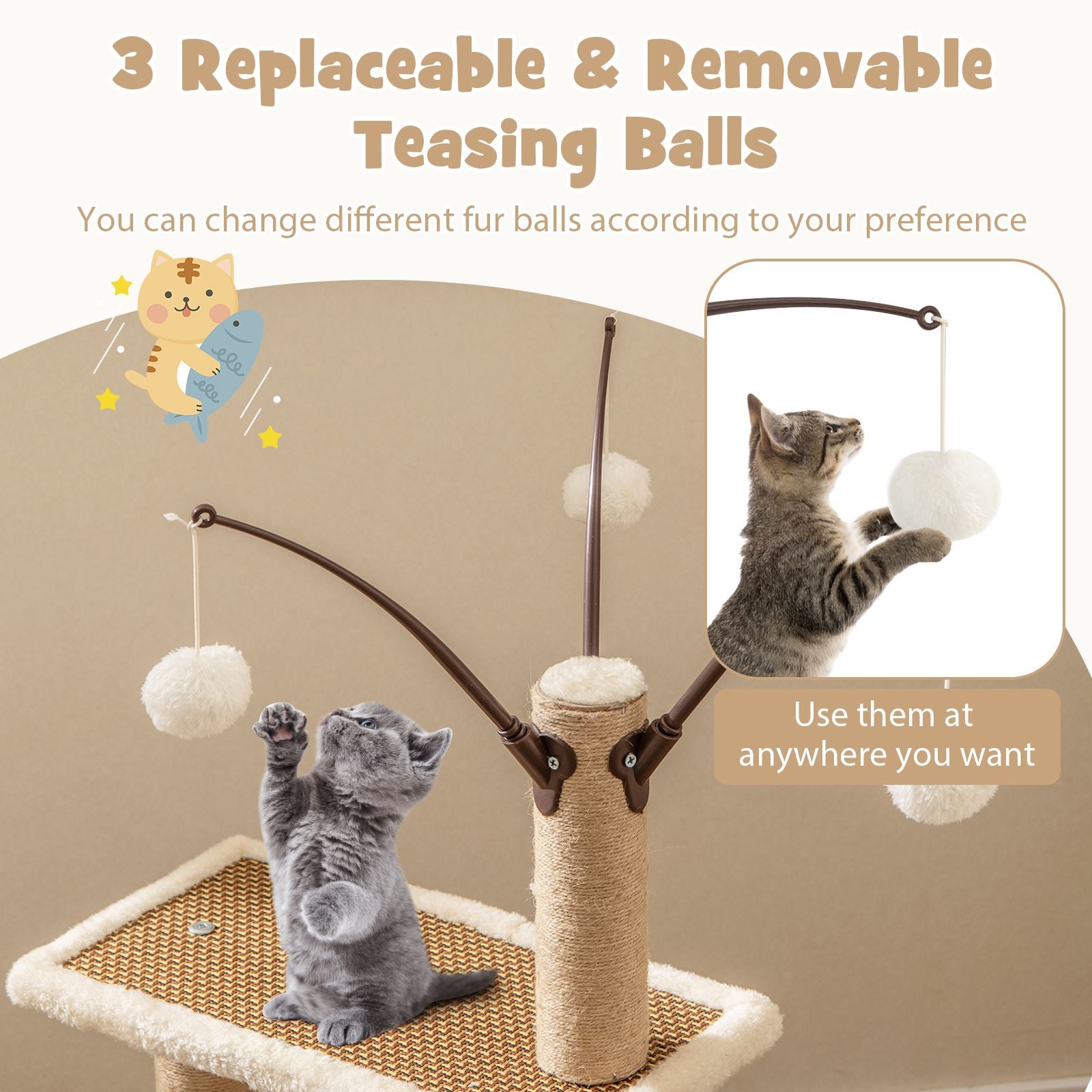 Contemporary Cat Tower Featuring Rattan Mat and Three Hanging Ball Toys