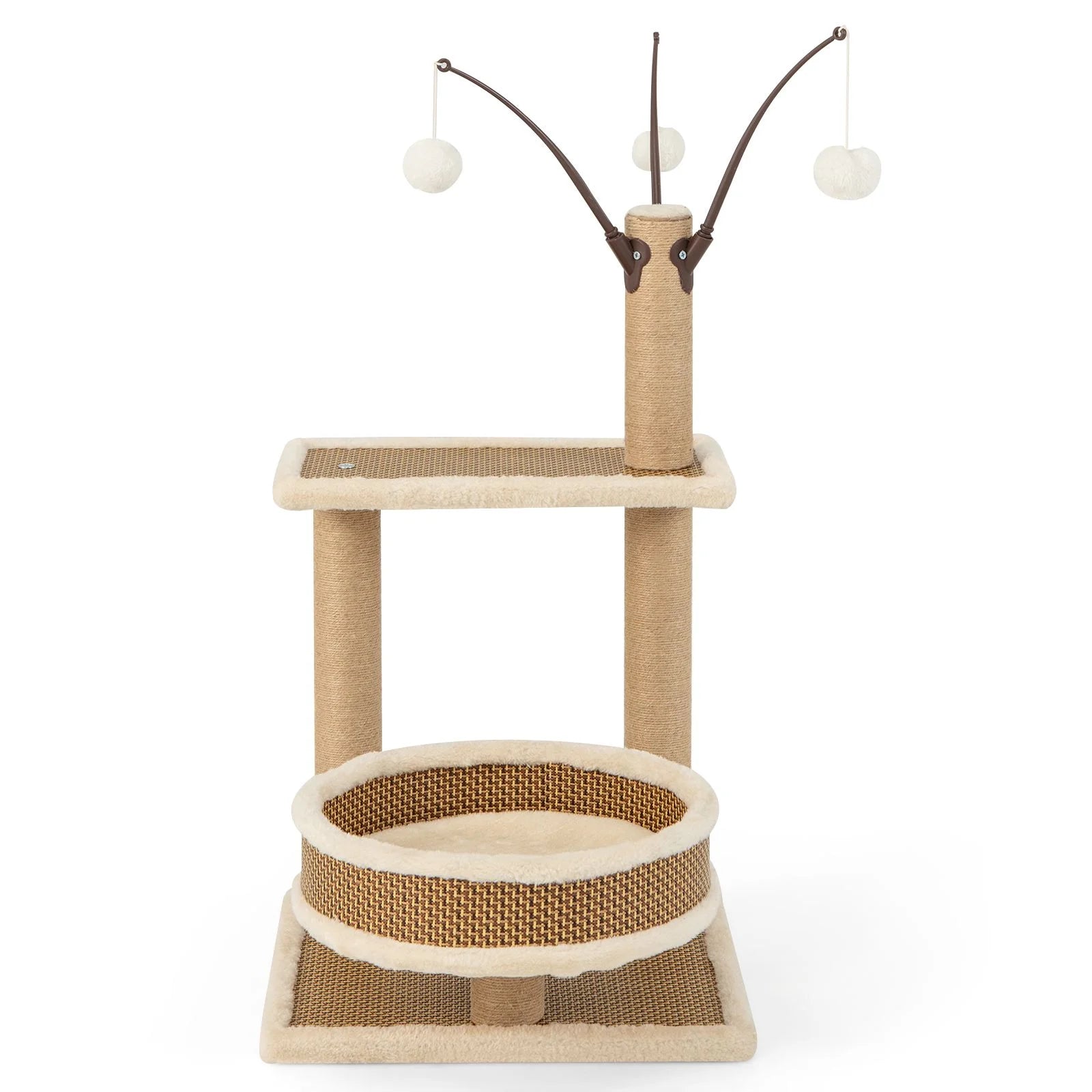 Contemporary Cat Tower Featuring Rattan Mat and Three Hanging Ball Toys