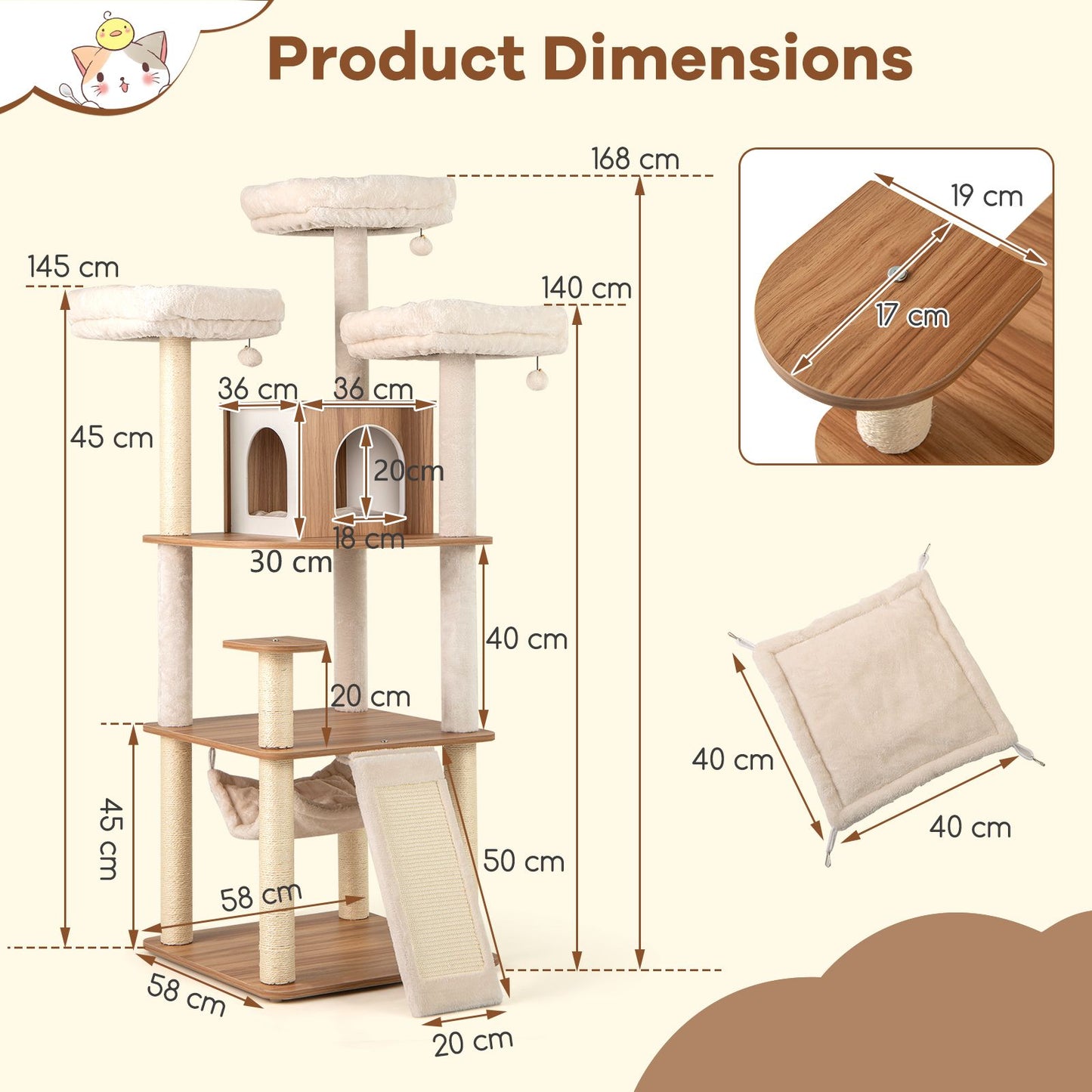 168CM Tall Cat Tree Wood Cat Tower with 3 Padded Perches