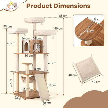 168CM Tall Cat Tree Wood Cat Tower with 3 Padded Perches