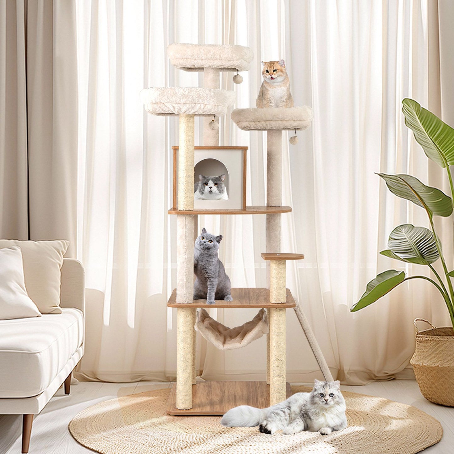 168CM Tall Cat Tree Wood Cat Tower with 3 Padded Perches